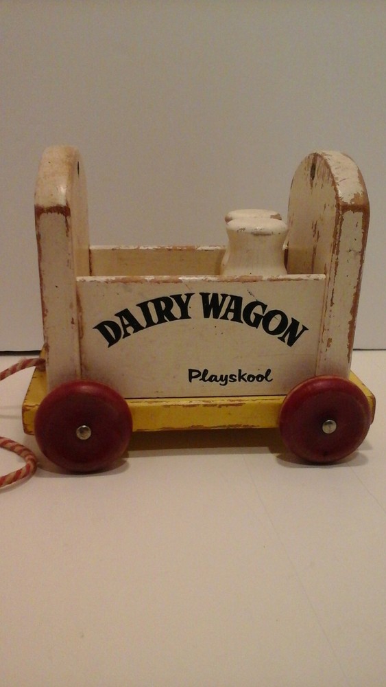 Vintage Wooden Dairy Wagon Pull Toy Playskool 1950s