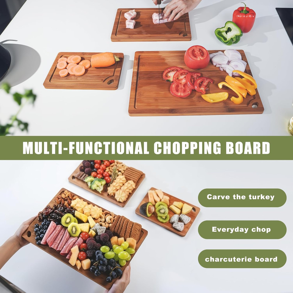 3-Piece Organic Bamboo Cutting Board Set for Kitchen - Carbonized Extra Sturdy C