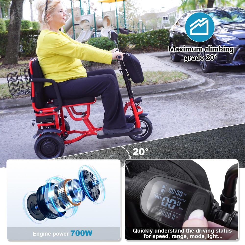 700W 3-Wheel Foldable Mobility Scooter 4-Speed w/ Additional Aviation Battery