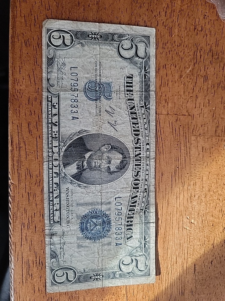 1934 Five Dollar ($5) Silver Certificate Bill •  Non Graded