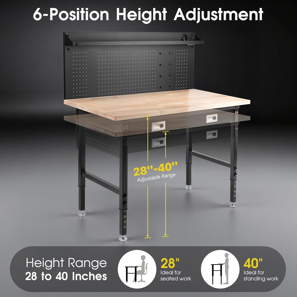 60" Adjustable Work Bench with Drawers, Workbench for Garage with Strip Light, W