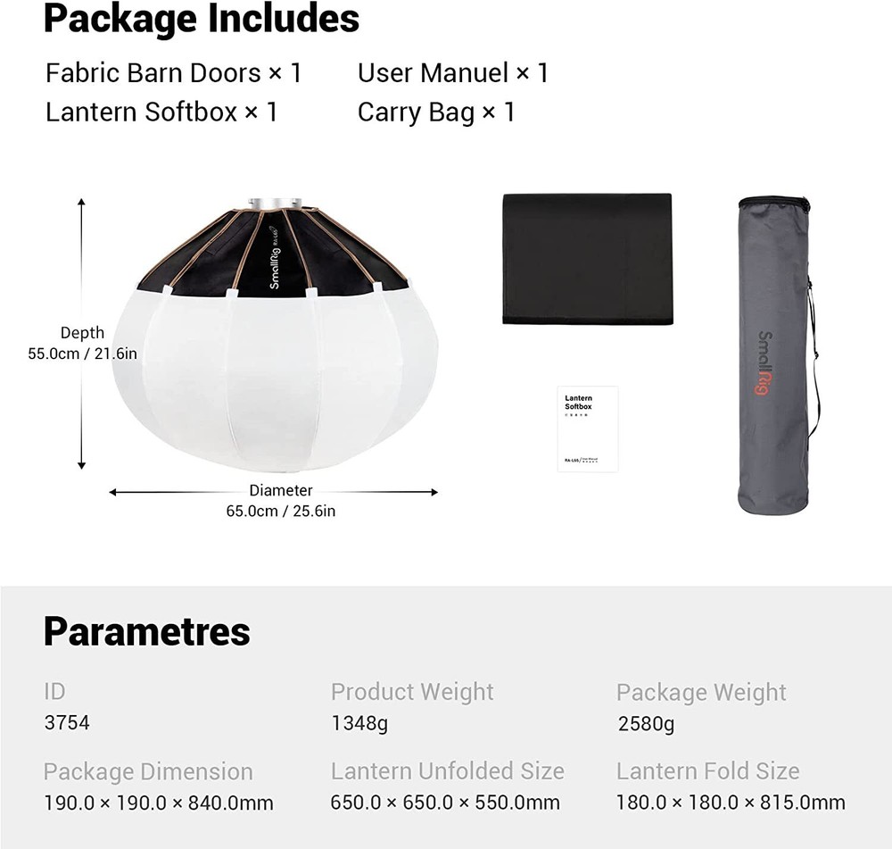 SmallRig RA-L65 Lantern Softbox Soft Light Modifier with Fabric Barn Doors -3754