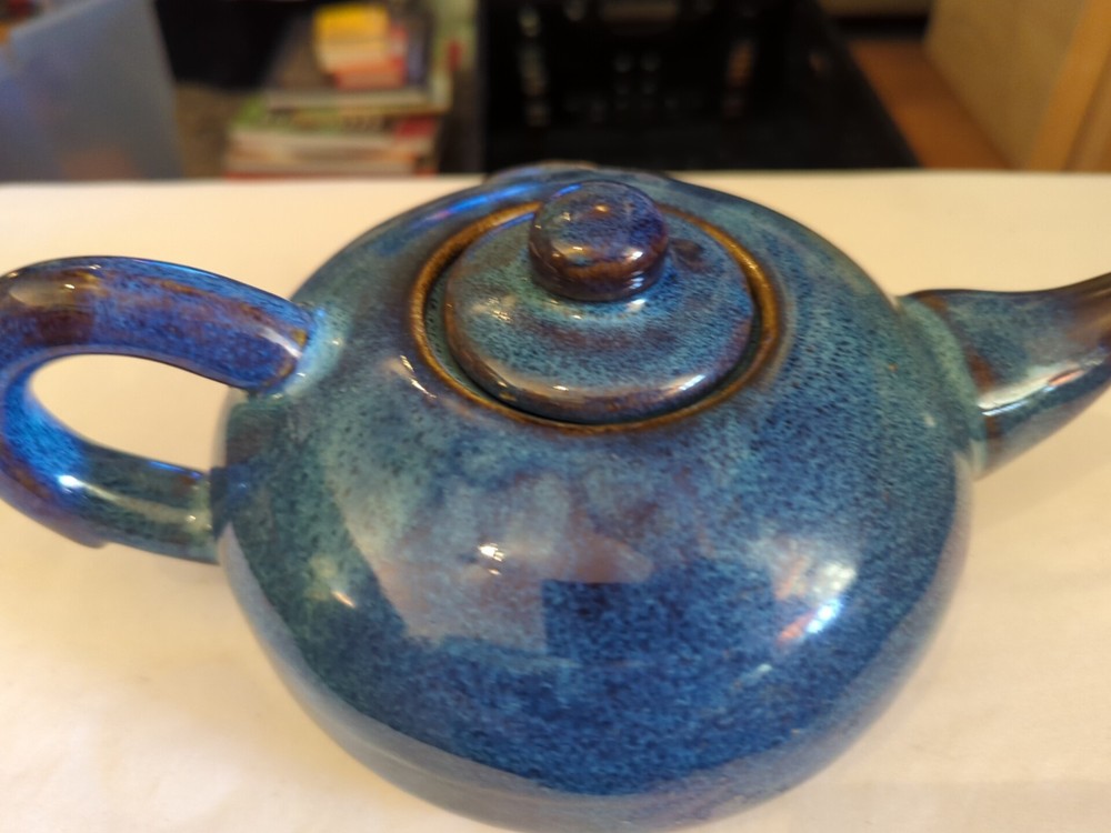Pottery RUSTIC Blue High GLAZE Teapot With Unique Handle B8