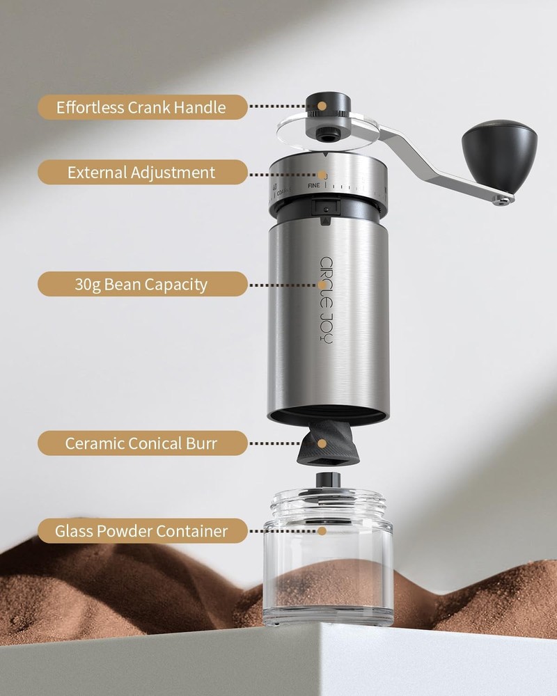 CIRCLE JOY Manual Coffee Grinder with 40 External Adjustable Silver, Silver
