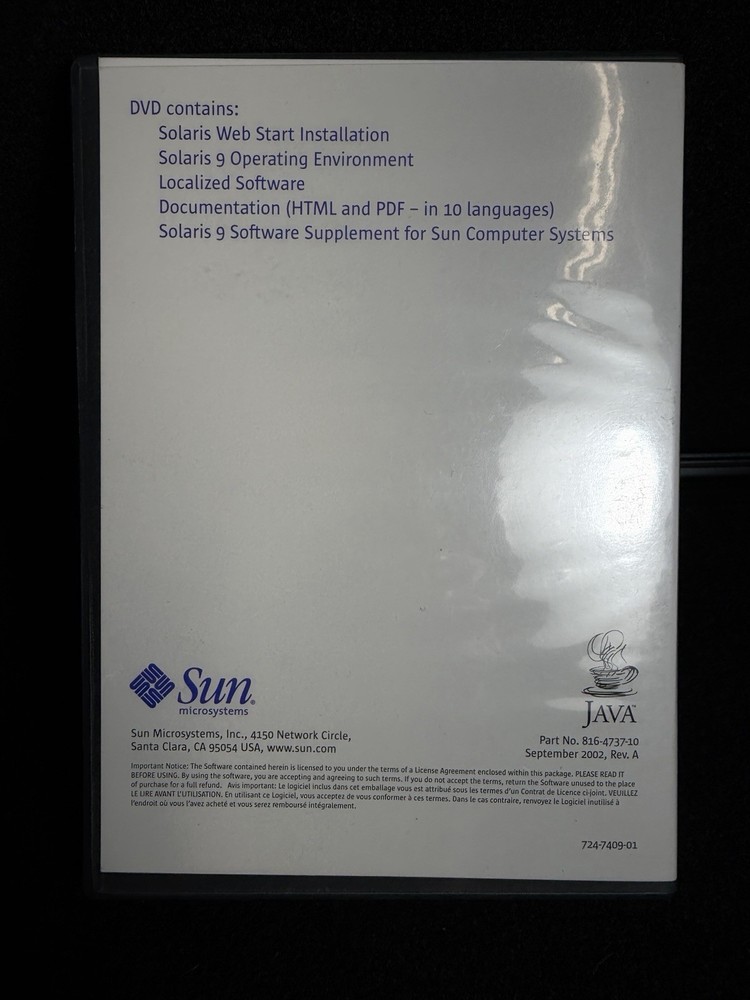 Solaris 9 Operating Environment SPARC Edition Sun Microsystems DVD 12/02