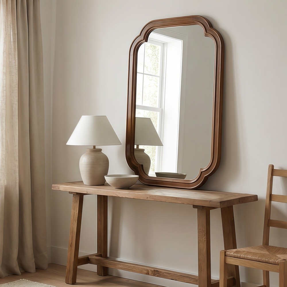 24x36 Solid Walnut Wall Mirror with Tempered Glass, Round Corner Art Deco