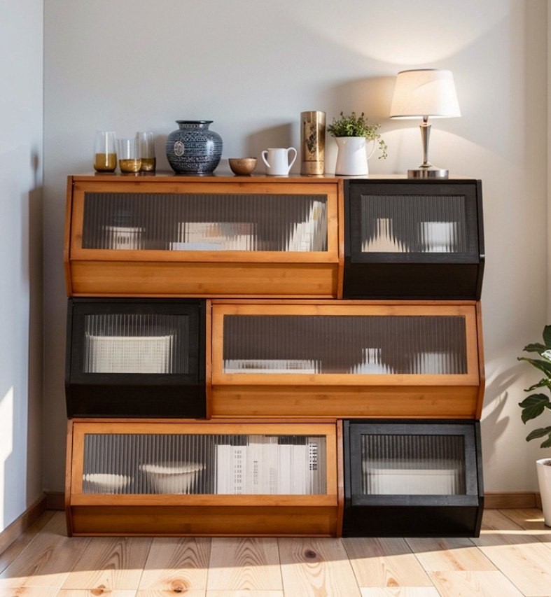 Modular Stackable Wood Storage Unit, Transparent Front, Brown/Black Finish