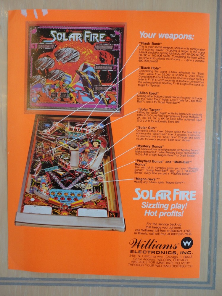 Solar Fire Pinball Machine Flyer Original Magazine Pull Out Advertisement