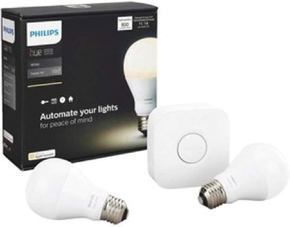Philips Hue White A19 60W Equivalent Dimmable LED Smart Light Bulb Starter Kit