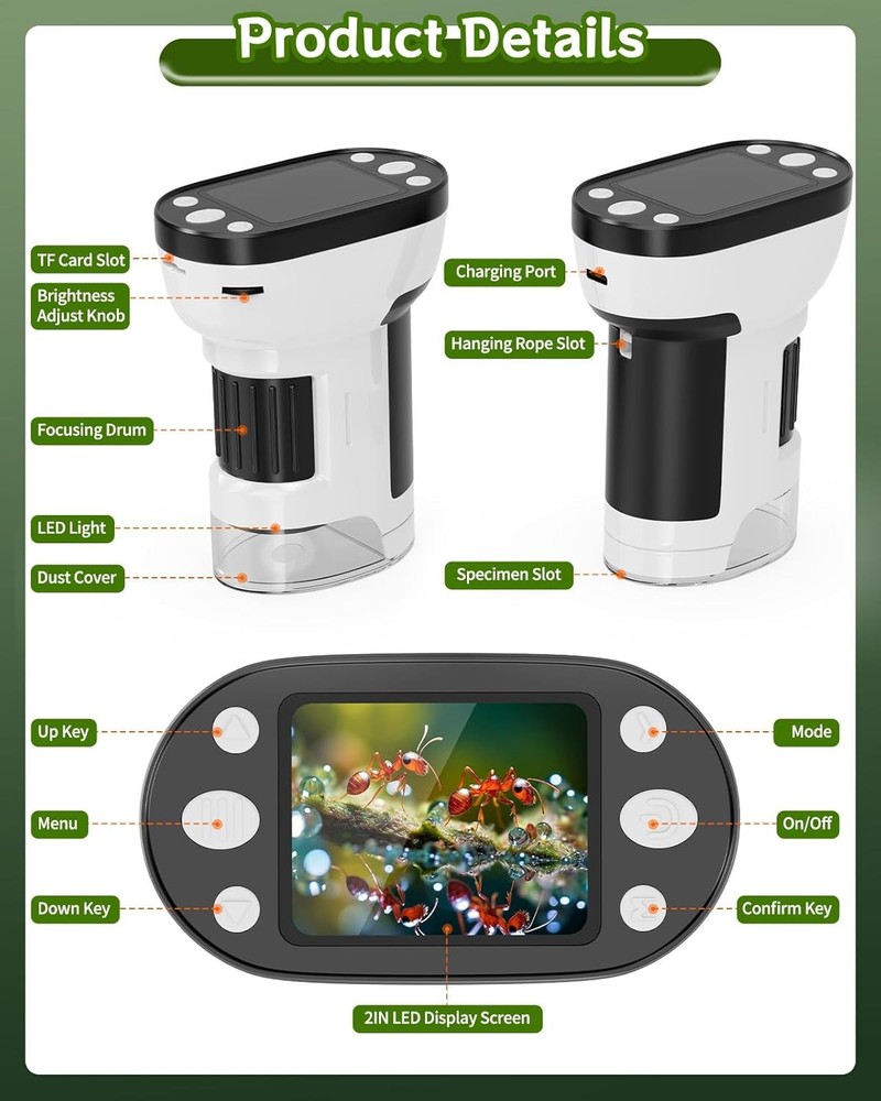 1000X Handheld Microscope for Kids, 2.0" Screen Pocket Microscope, Adjustable LE