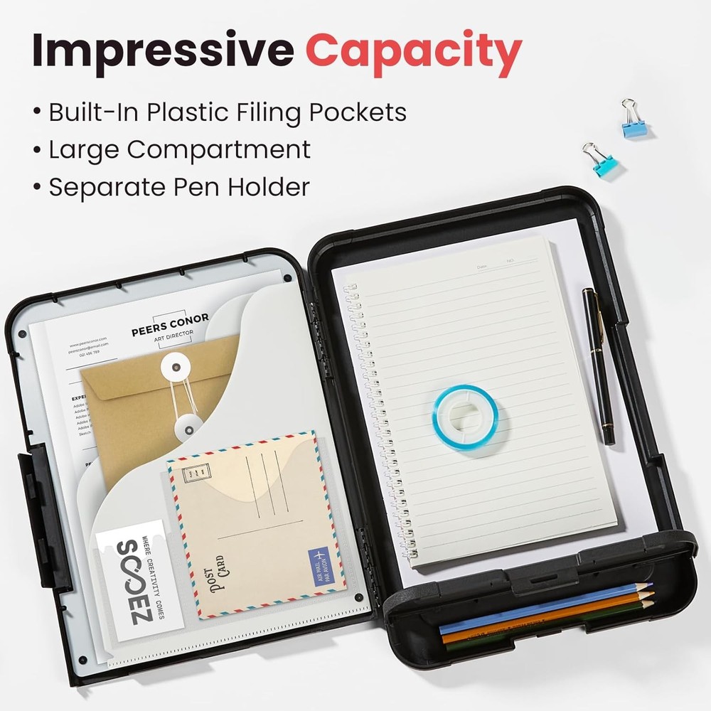 Sooez Reinforced Clipboard with Storage, Inner Plastic Folder Attached, Black
