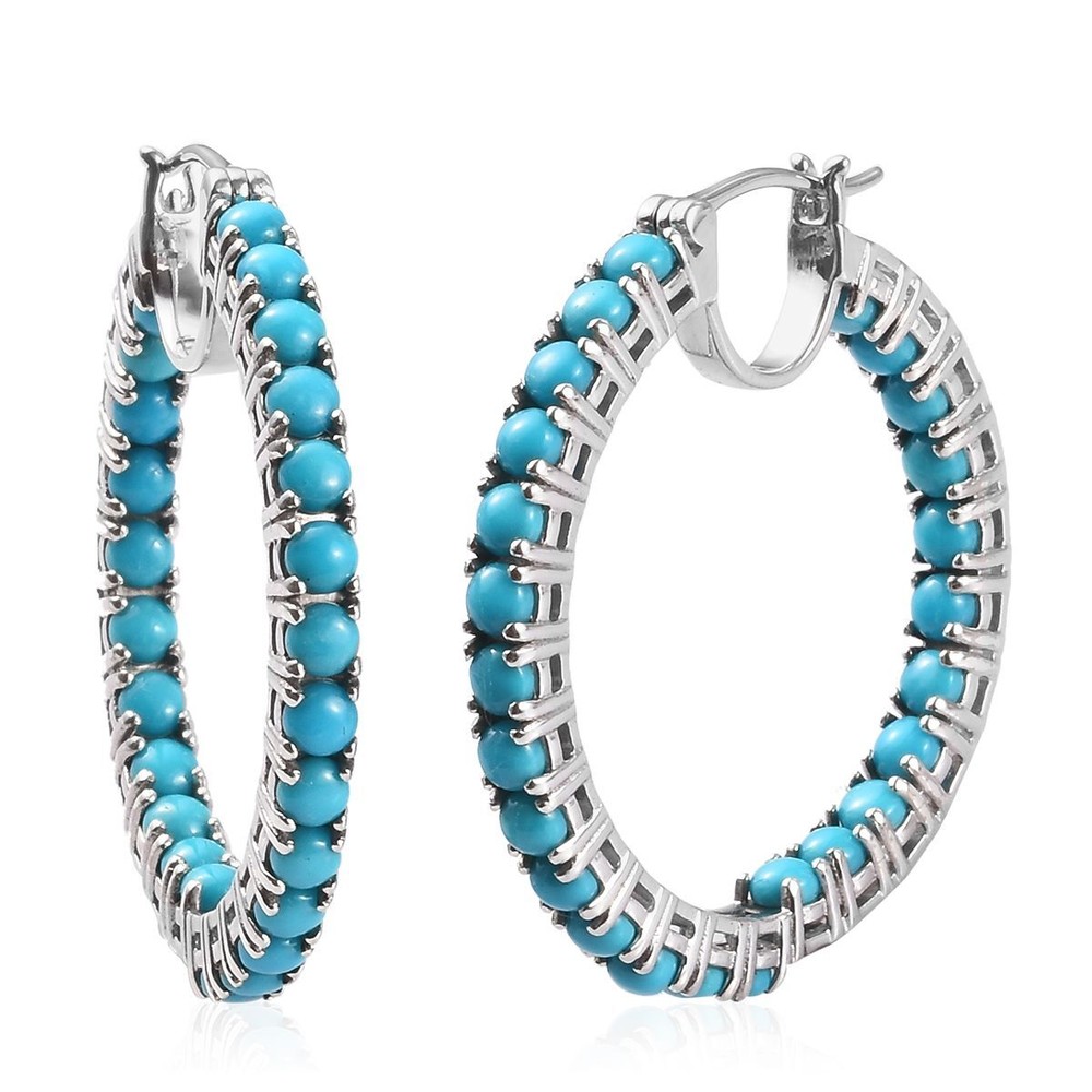 1.00 Ct Turquoise Hoop Earrings Prong Setting 925 Solid Sterling Silver