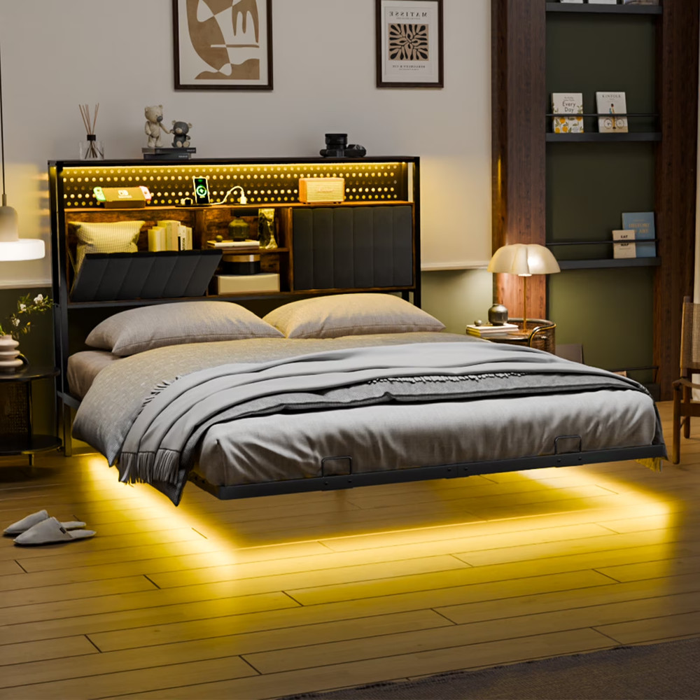 QUEEN SIZE Floating Platform Bed Frame With Charging Station Storage Headboard