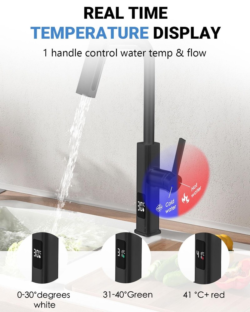 Black Kitchen Faucet with Pull Down Sprayer, Waterfall Pull Out Kitchen Fauce...