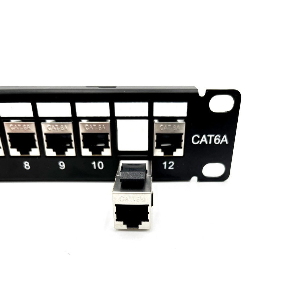 ETS 12 Port Patch Panel 10 inch Cat6A Inline Keystone, Feedthrough Coupler
