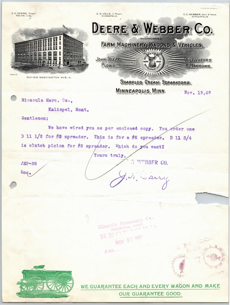 Scarce 1907 John Deere / Deere & Webber Letterhead - Question About Placed Order
