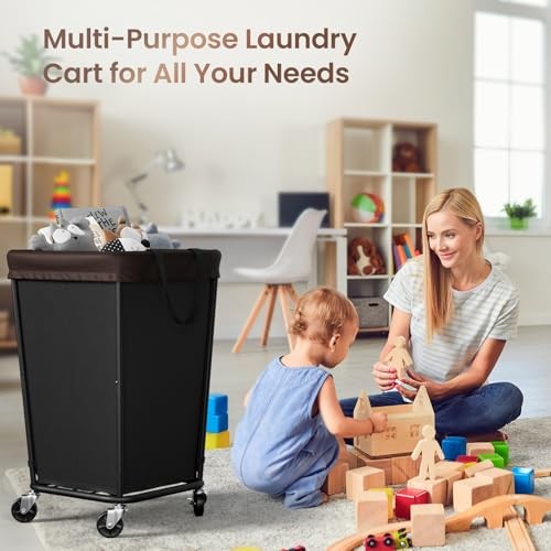Laundry Basket with Wheels, 2-section Rolling Laundry 160L 2 Section-Black