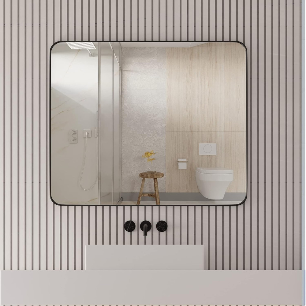 Black Metal Framed Mirror Rectangle Wall Mount Bathroom Vanity Mirror, 20” X 28”
