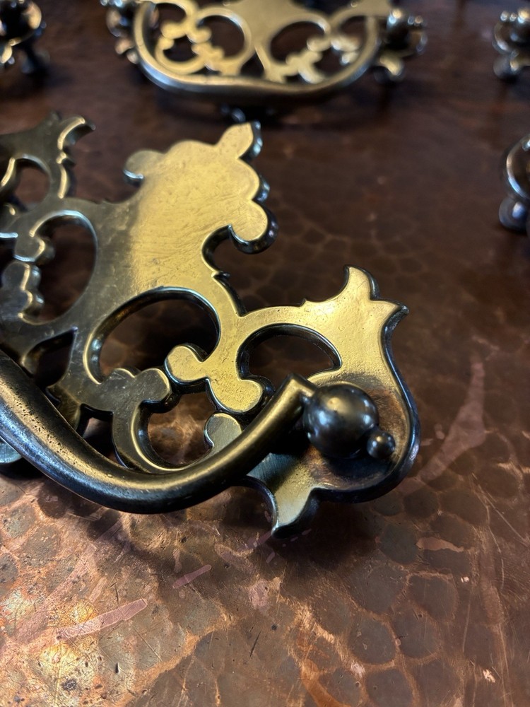 Fancy Drexel Chippendale Solid Brass Drawer Pulls Set 10 Bat Wing 4 3/4”w