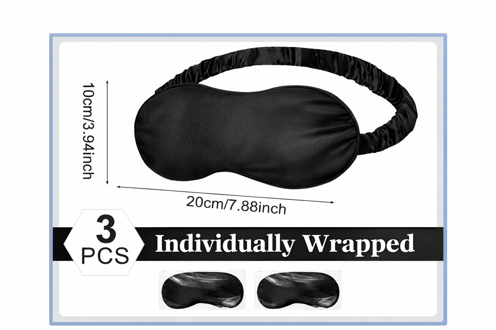 3 PACK Silk Sleep Eye Masks Stretchable Elastic Strap Smooth Soft , BLACK