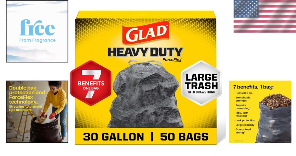 ForceFlex 30 Gallon Trash Bags, 50 Count – Unscented & Durable Drawstring Design