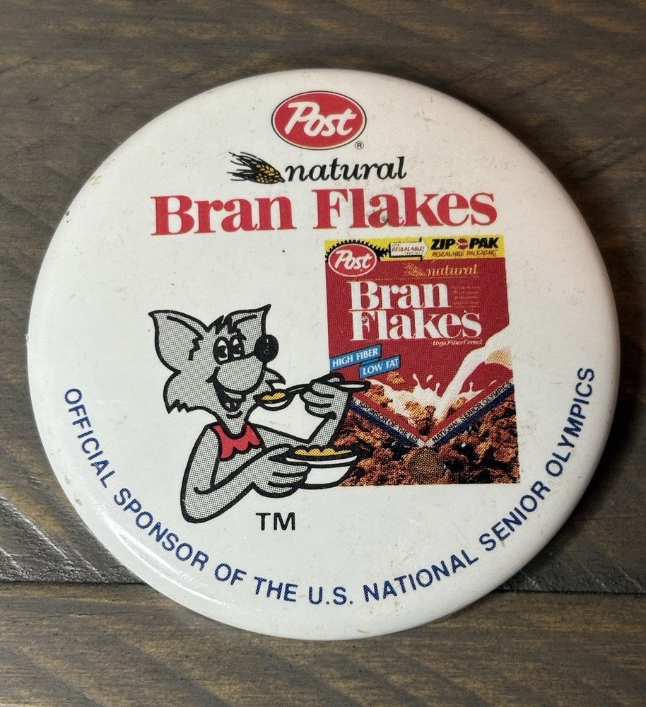 80’s Post Natural Bran Flakes Senior Olympics Button Pinback Button  2.25"