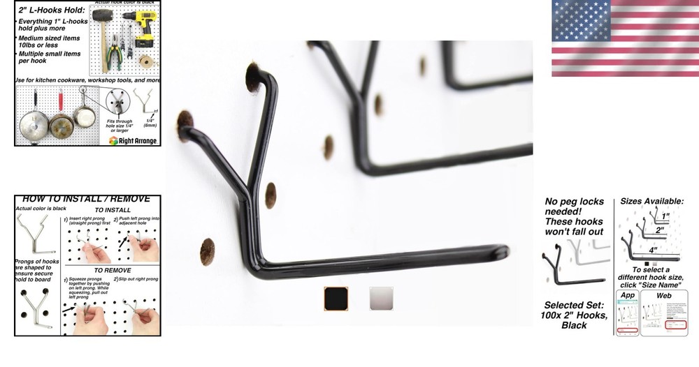 Heavy Duty Steel Pegboard Hooks 100-Pack - Black