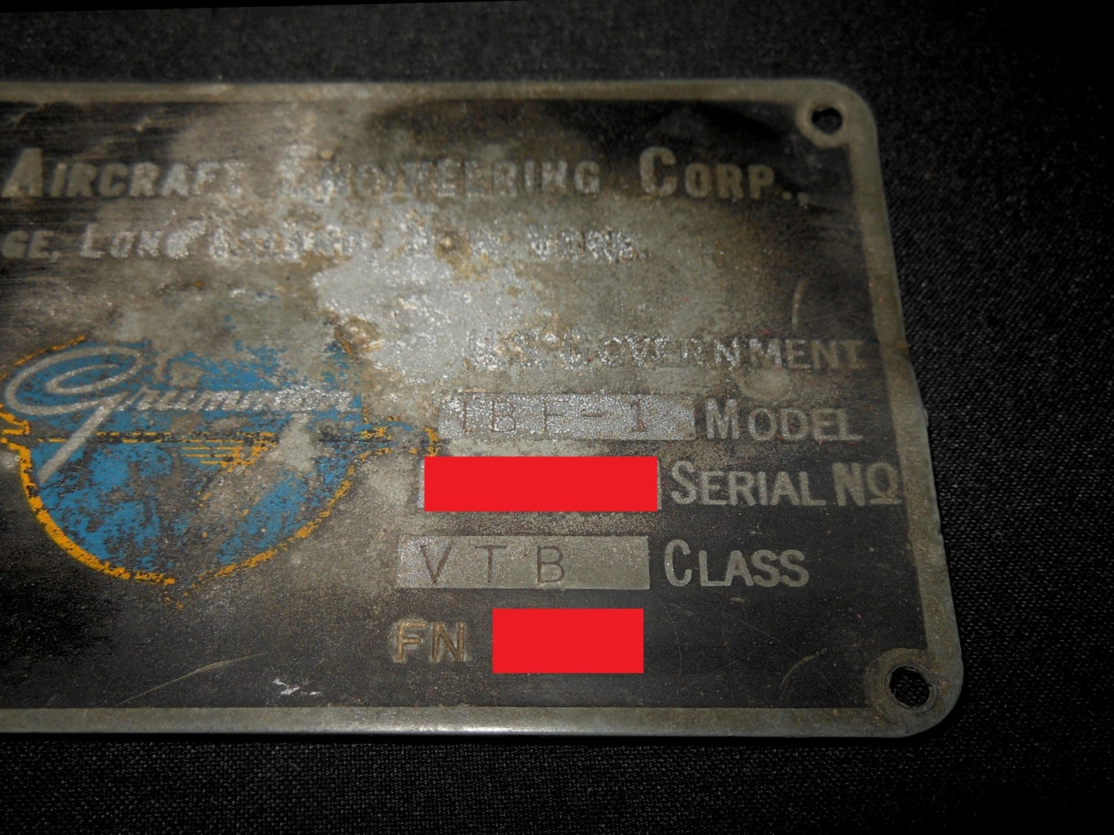 WW2 British Royal Navy FAA Aircraft - TBF-1 AVENGER MAIN DATA PLATE - VERY NICE!