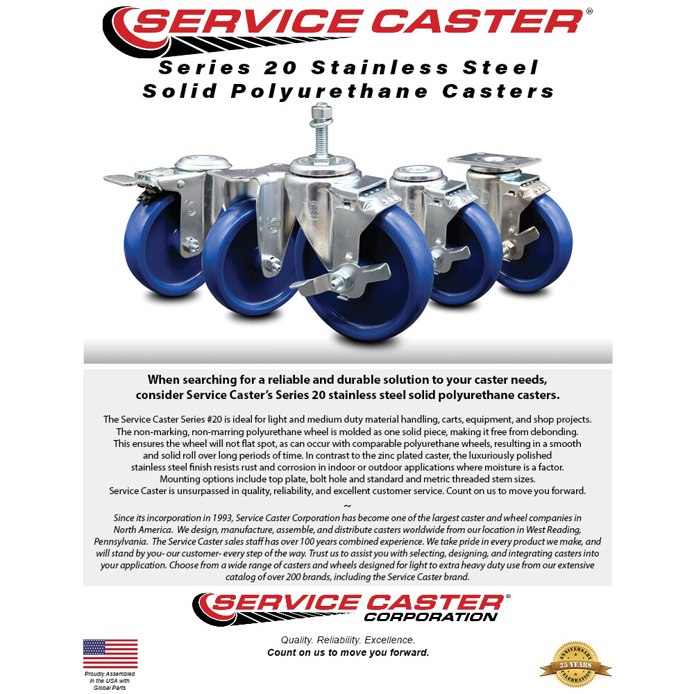 4 Inch SS Solid Polyurethane Swivel Bolt Hole Caster Set with Total Lock Brake