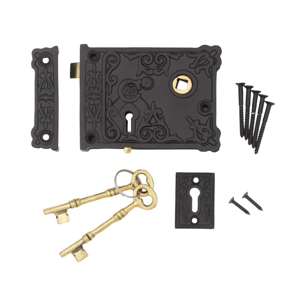 Rectangular Rim Lock Cast Iron Victorian Box Decorative w White Porcelain Knobs