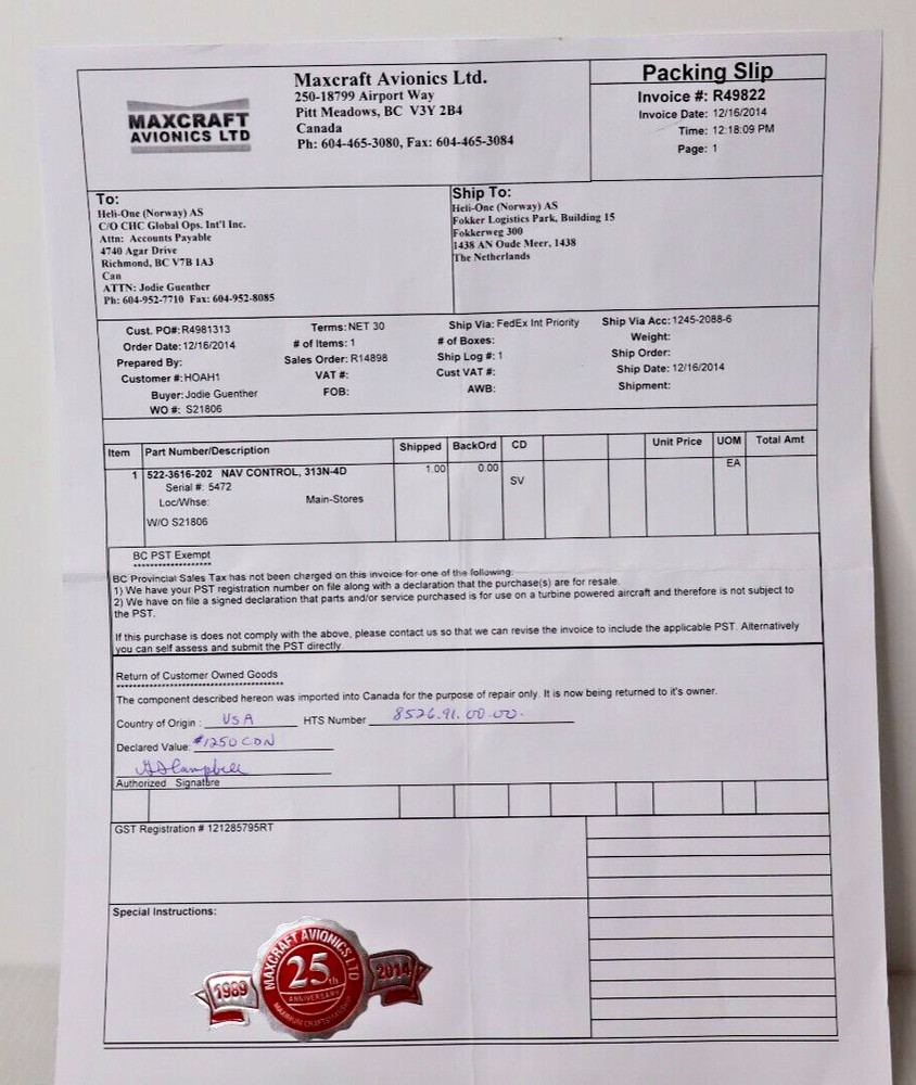 Collins 313N-4D Navigation Control Unit 522-3616-202 Repaired with FORM ONE Cert