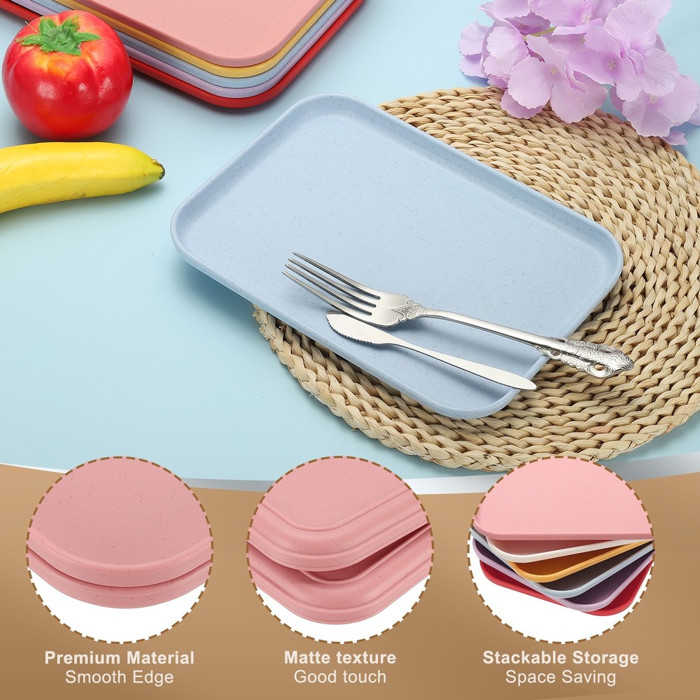 2Pcs 7.9x5.9" Rectangular Plates Wheat Plastic Dinner Plates Pink