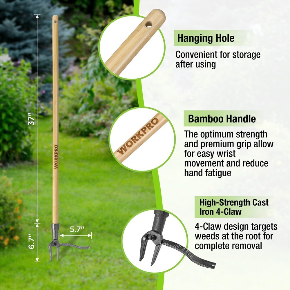 WORKPRO Weed Puller Tool 44" Bamboo Handle Heavy-Duty 4Claw Head Stand-Up Weeder