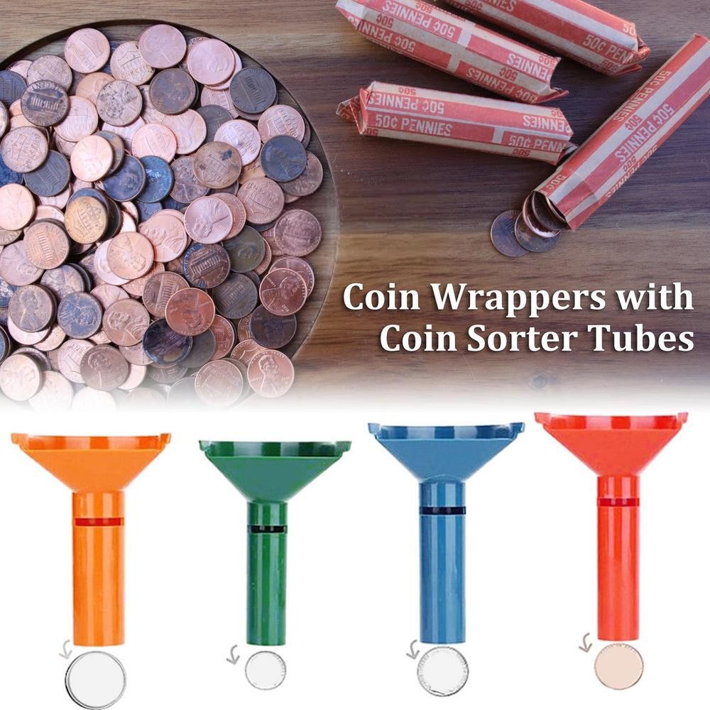 4Pc Coin Counters & Coin Sorters Tubes Bundle of 4 Color-Coded Assorted Wrappers
