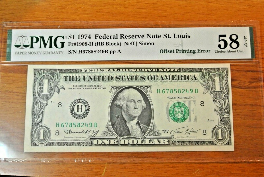 1974 Federal Reserve Note 1 one dollar offset print error ST. LOUIS