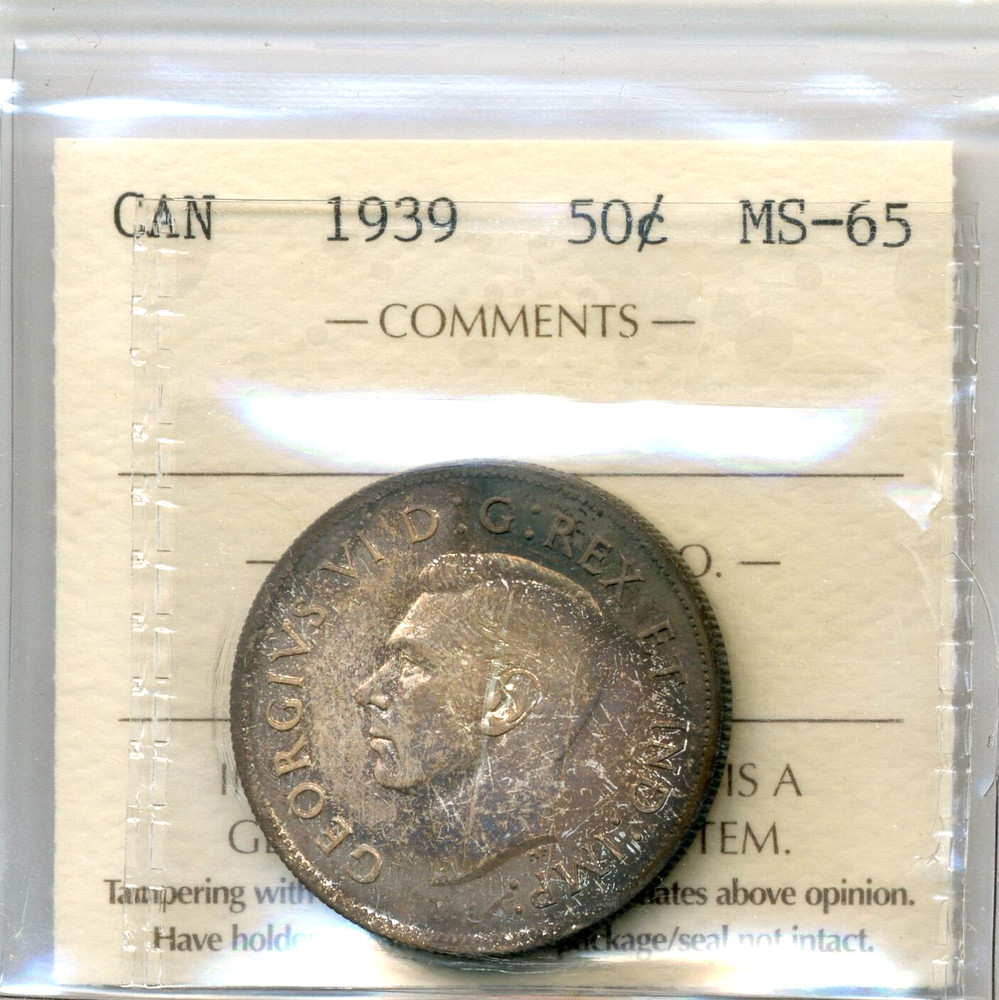 1939 Canada 50 Cent - Gem Uncirculated, ICCS MS 65