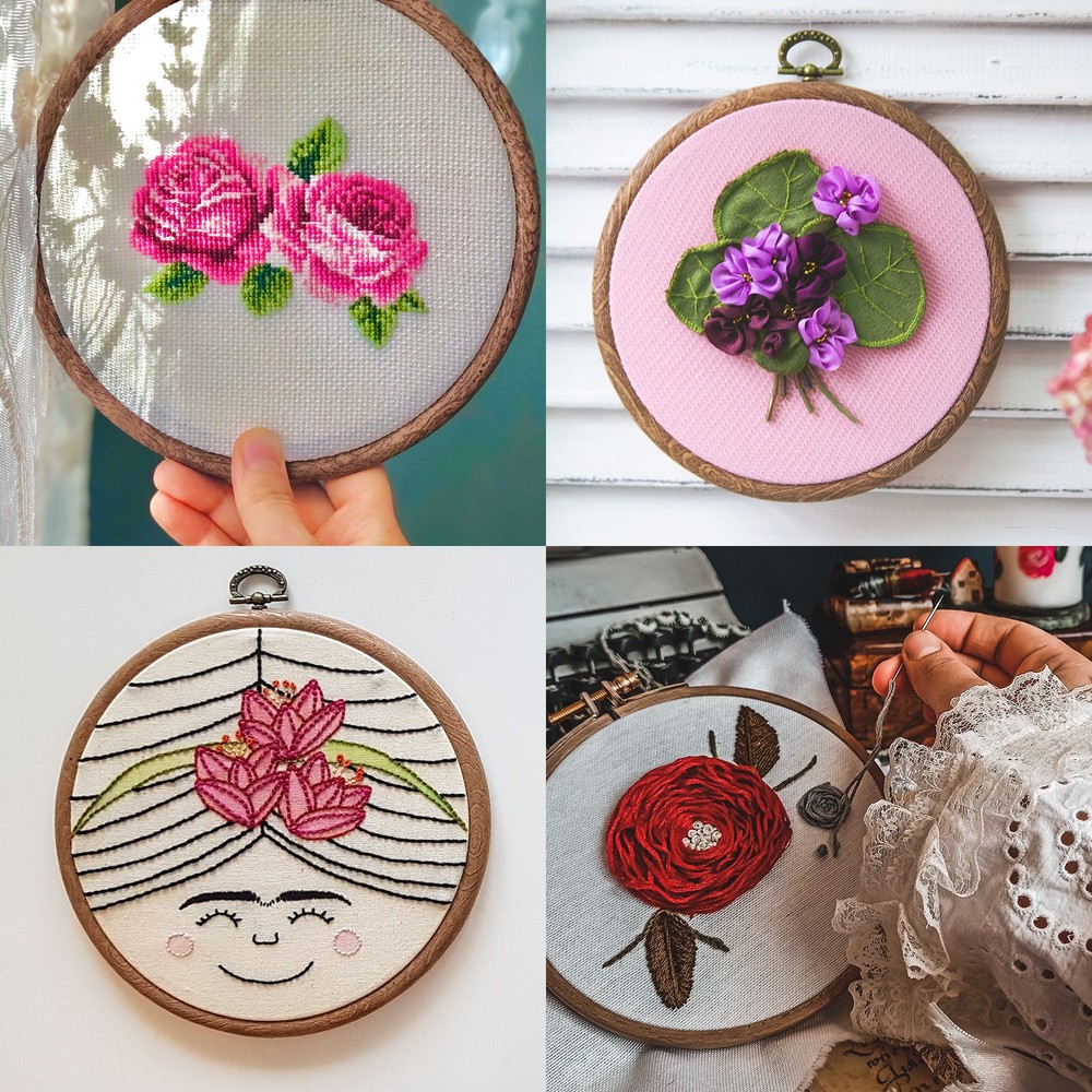 4pcs Embroidery Hoops Set Imitated Wood Frame Circle Oval Rectangular Octagonal