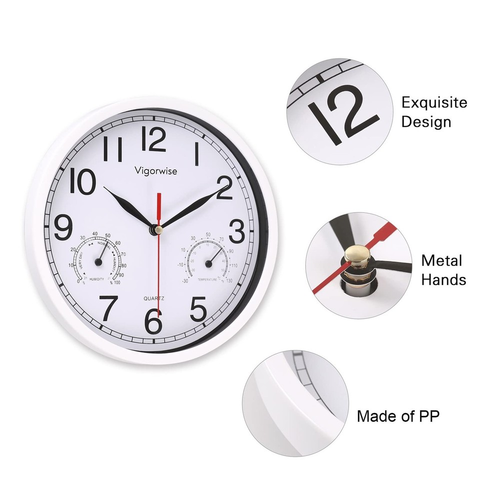 8 Inch White Wall Clock, Sweep Silent Movement Accurate Clocks with Temperatu...