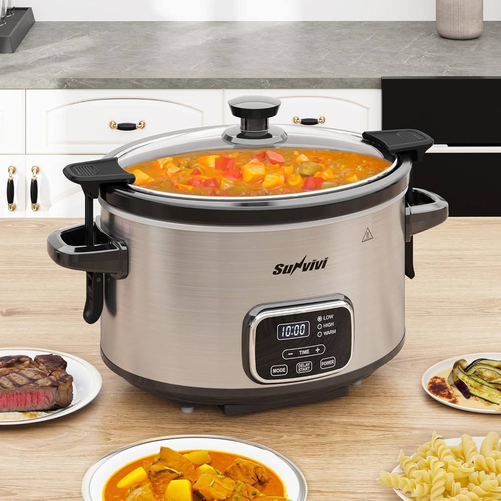 4QT Programmable Slow Cooker with Locking Lid, Removable Ceramic Pot, 3 Heati...
