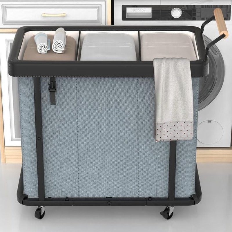 60 Gal (230L) Laundry Hamper 3 Section with Lid, Leather Patchwork Laundry Sorte