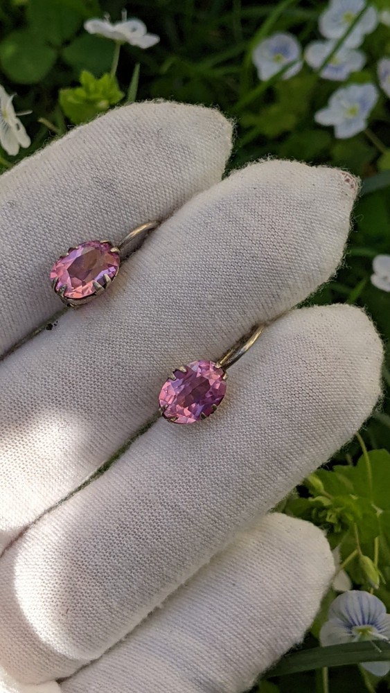 Vintage Soviet 875 Silver Earrings with Pink Ruby Tone Stones