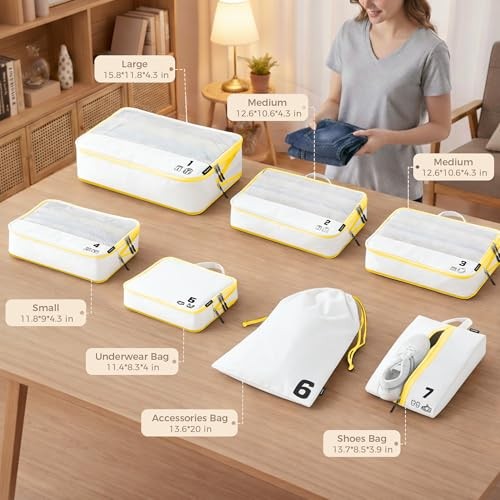 7 Set Compression Packing Cubes Travel Accessories Expandable Packing White