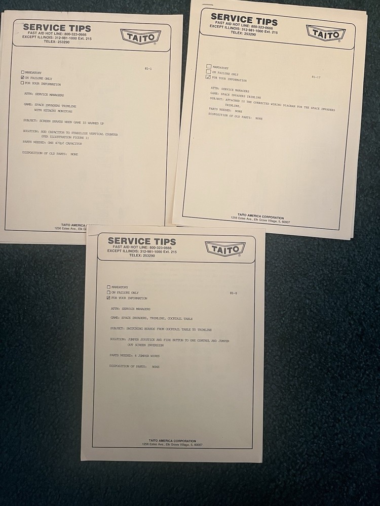 Taito Service Tips Sheets/packets For Space Invaders All 3