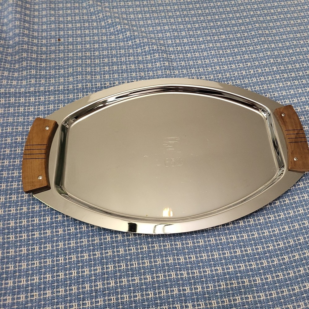 VTG MCM Stainless Kromax Tray w/Teak Handle Mid Century Modern Oval Rectangular