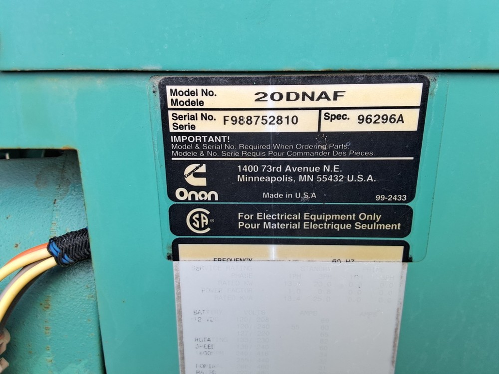 ONAN 20 KW DIESEL GENERATOR, LOW HOURS