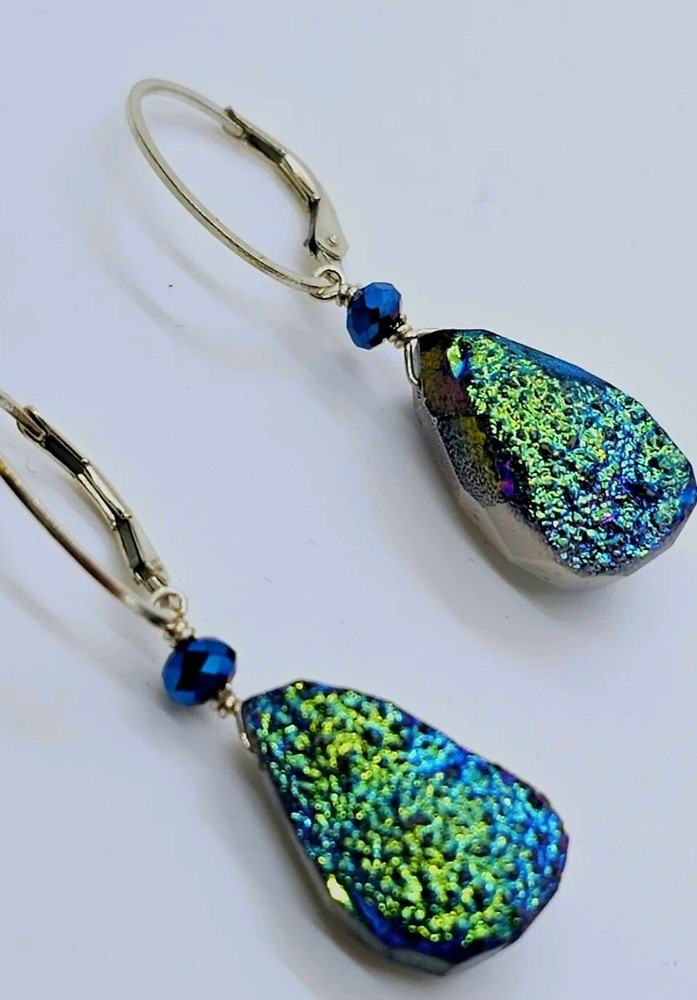 Peacock Druzy Sterling Silver Artisan Earring