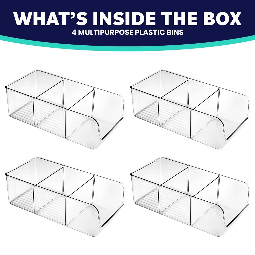 ELTOW 4Pack Snack Organizer, 3Compartment Plastic Bins with Removable Divider...