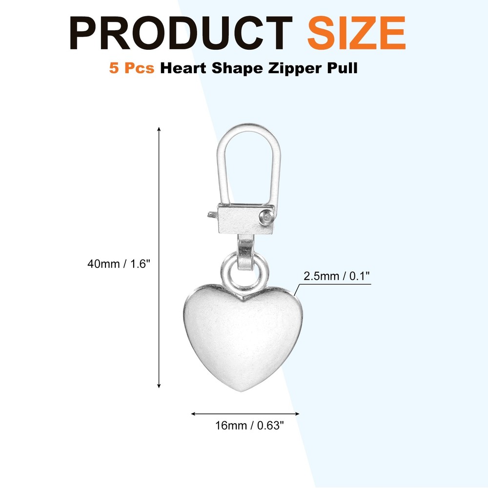 Zipper Pull Charm 5 Pcs Heart Shape Zipper Pull Replacement, Silver Tone