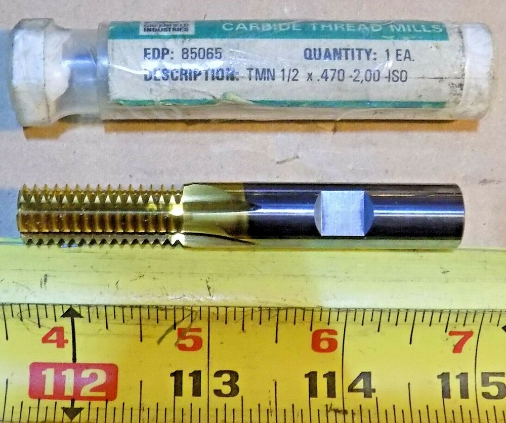 M12X2.00 Thread, 1/2" Shank Bright Coat Solid Carbide Straight Flute Thread Mill