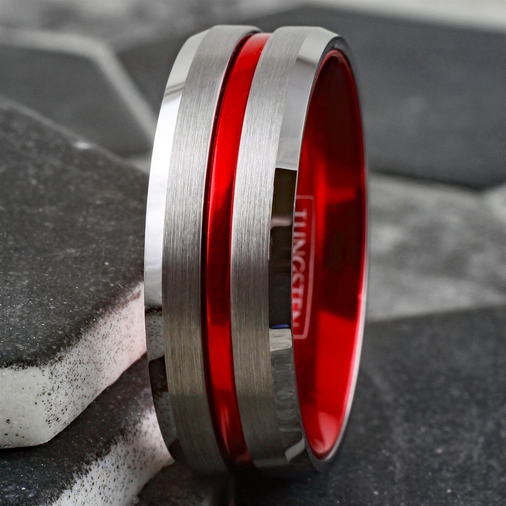 Tungsten Brushed Silver Thin Red Line Band Ring Firefighter First Responder